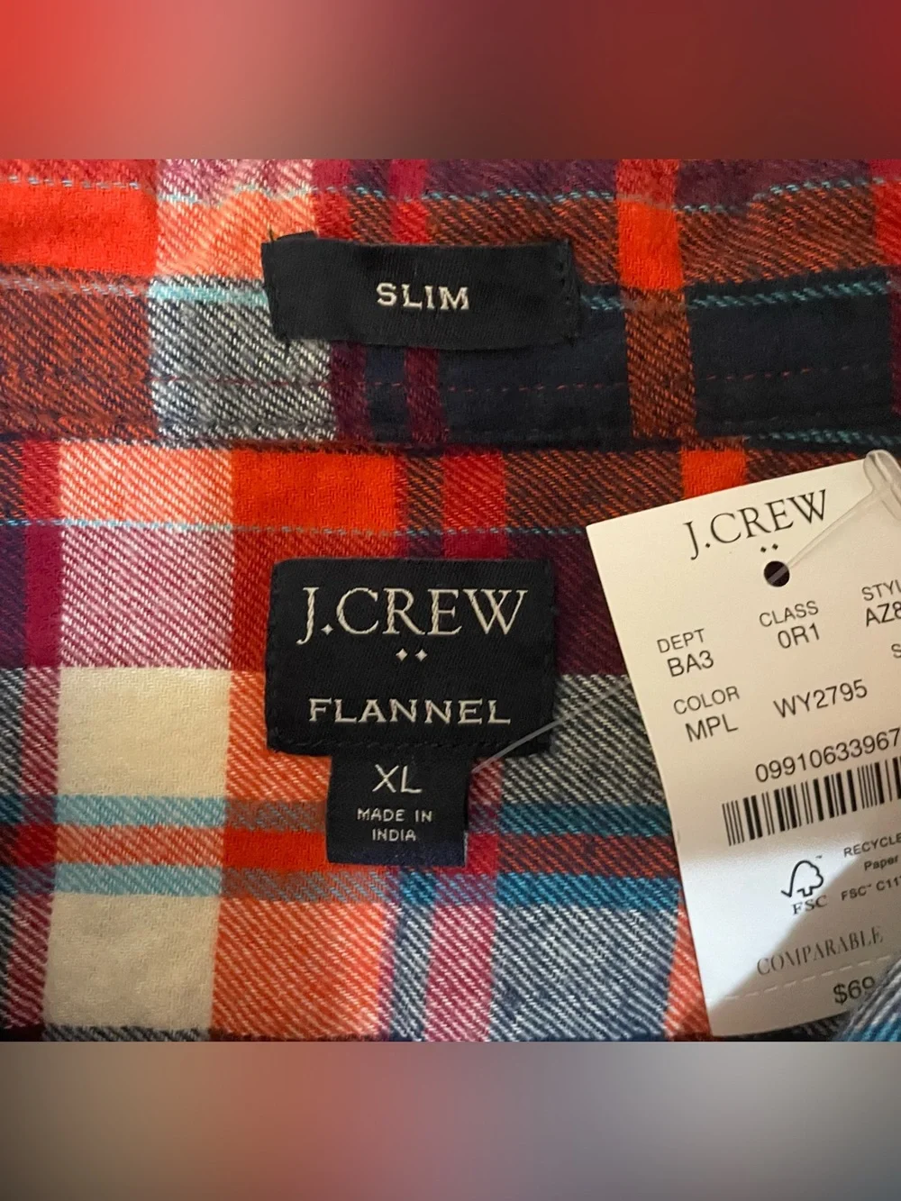 J Crew Flannel Shirt NWT Mens XL Slim Fit Red Blue